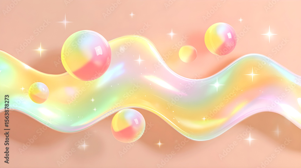Aufkleber colorful abstract illustration featuring glossy bubbles and a flowing wave design on a soft pastel b