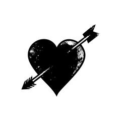 Grungy black heart pierced by an arrow with a textured distressed effect isolated on white background isolated on transparent background