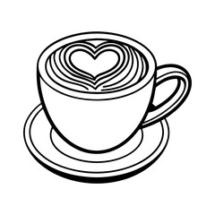 Stylized black and white line art of a coffee cup with a heart shape latte art on a white background isolated on white background isolated on transparent background