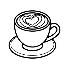 Stylized black and white line art drawing of a coffee cup with a heart design on a saucer isolated on white background isolated on transparent background