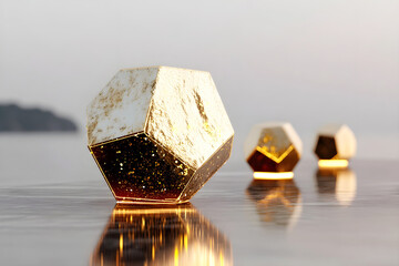 Geometric decorative objects with a glossy golden finish are arranged on a reflective surface, creating a stunning visual effect against a serene natural backdrop