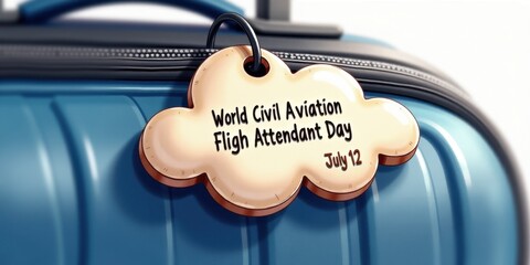 Blue suitcase with cloud-shaped tag celebrating world flight attendant day on july 12 World Civil Aviation Flight Attendant Day