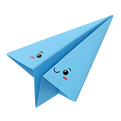 A blue paper airplane with cute cartoon faces and pink cheeks on its wings
