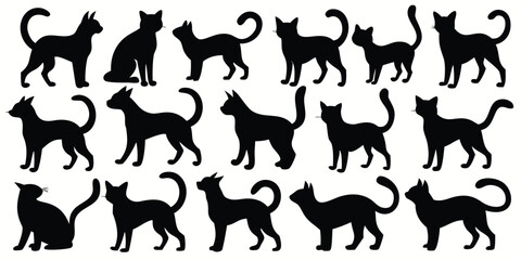 A vector collection of black animal silhouettes including running cats, dogs, horses, and wild mammals like deer, wolves, and tigers for pet or nature designs