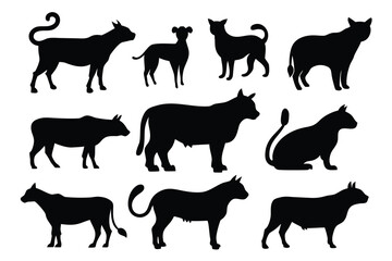 A collection of black vector silhouettes featuring various farm animals, including cows, horses, pigs, goats, sheep, and chickens