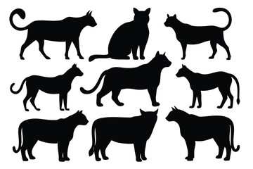 A vector collection of black animal silhouettes including running cats, dogs, horses, and wild mammals like deer, wolves, and tigers for pet or nature designs