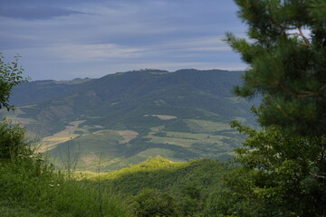 Forested hills and valley under clouds