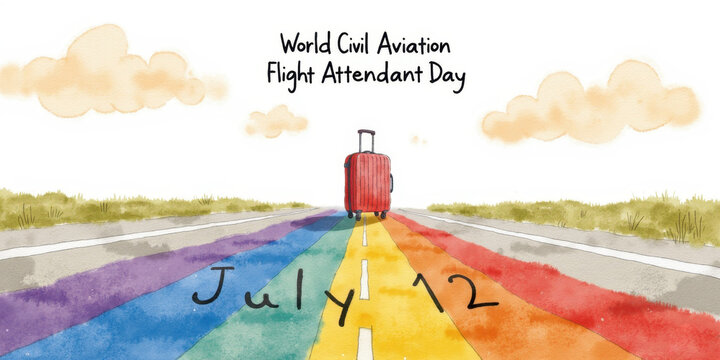 World civil aviation flight attendant day: colorful runway with luggage on july 12 World Civil Aviation Flight Attendant Day
