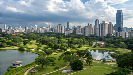 Panoramic view of Chicago's urban skyline featuring modern architecture, downtown skyscrapers, and the green city park reflecting in the river