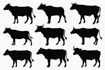 A diverse vector collection of black cow silhouettes