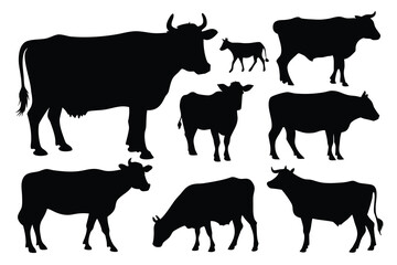 A diverse vector collection of black cow silhouettes