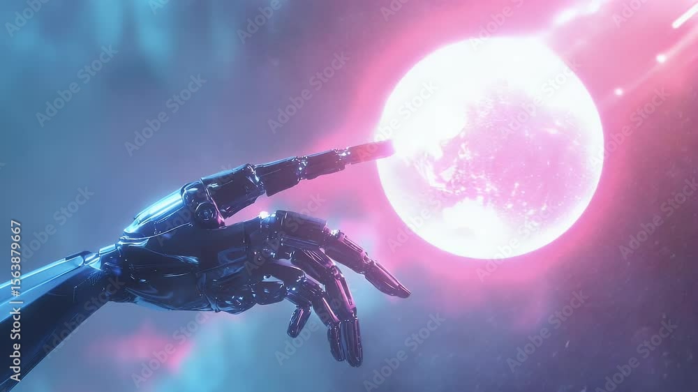 Poster pixelated hand touching glowing sphere creating rays against a nebula background. digital representa