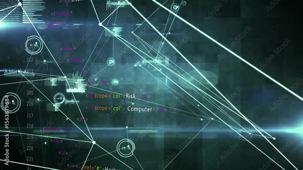 Poster network graph animating with wireframes shifting, nodes dropping, waveforms sliding, code updating