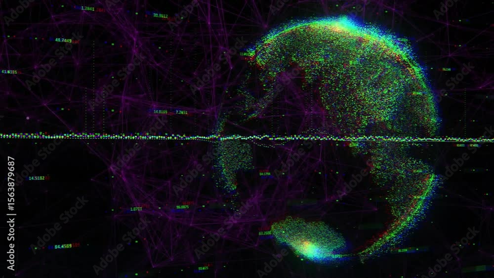 Poster data points appearing right forming globe above glowing node axis merging into rotating earth