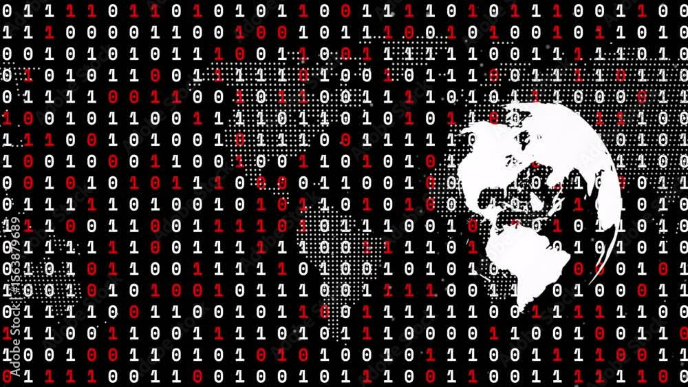 Poster on globe icon appearing, globe rotating with flickering red binary digits showing global data flow