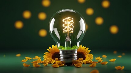 Glowing lightbulb with sunflowers and petals filament