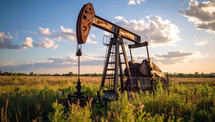 Rusty Oil Pump Jack in a Field Under a Colorful Sky
