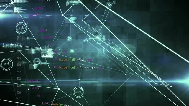 Network graph animating with wireframes shifting, nodes dropping, waveforms sliding, code updating