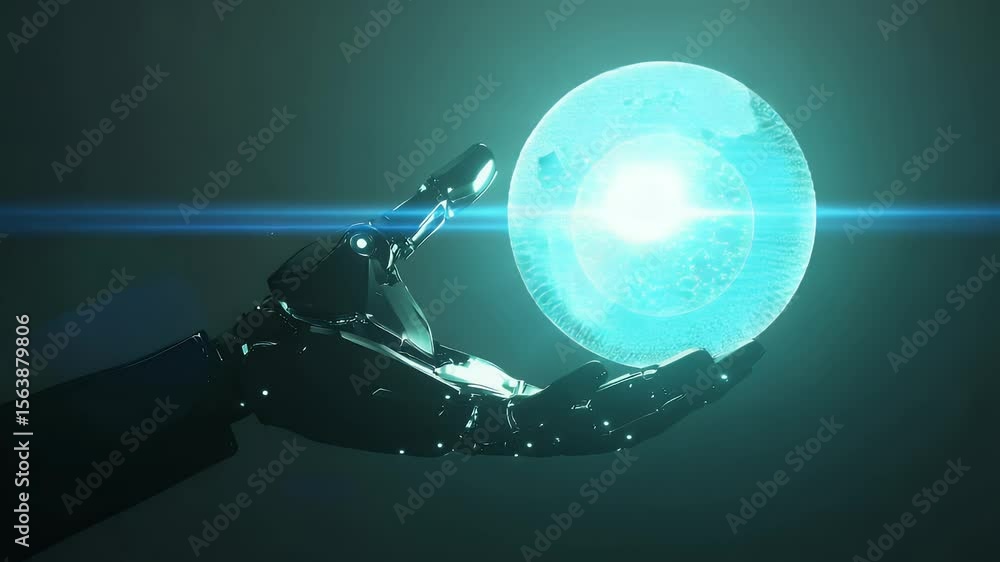 Aufkleber robotic arm holding a glowing sphere against a dark teal background. the scene has a futuristic and 