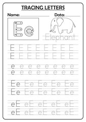 Letter E tracing worksheet with the word Elephant.