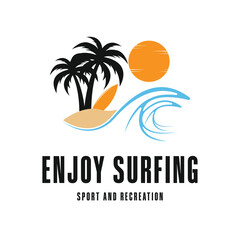 Naklejka premium enjoy surfing tropical beach logo design concept for sport and recreation