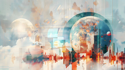 vibrant digital collage combining vintage photography and futuristic cityscape with abstract shapes.