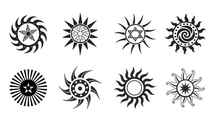 Collection of six stylized sun icons in black and white on a white background