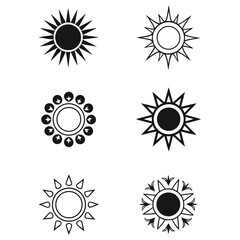 Collection of six stylized sun icons in black and white on a white background