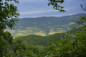Forested hills and valley under clouds