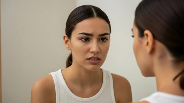 Unhappy young woman looking at her reflection in the mirror, shocked and worried about her appearance, noticing a skin problem like acne or wrinkles.