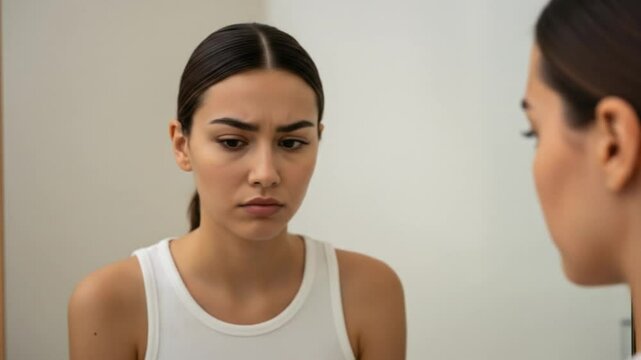 Anxious young woman critically examining her face in the mirror, feeling insecure and unhappy. Concept of body dysmorphia, low self-esteem, and mental health struggles.
