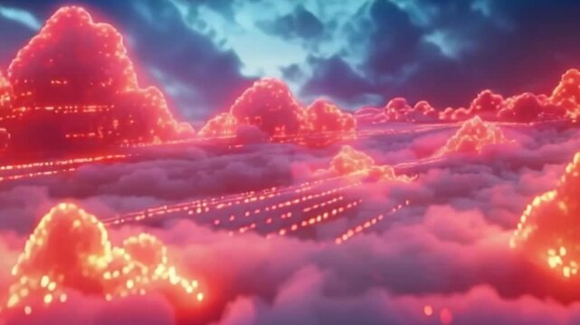 Pinklit clouds landscape with distant illuminated lines beneath a cloudy dim sky