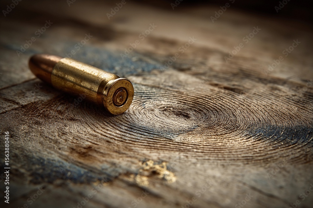 Poster bullet casing rests on a wooden surface displaying intricate grain patterns