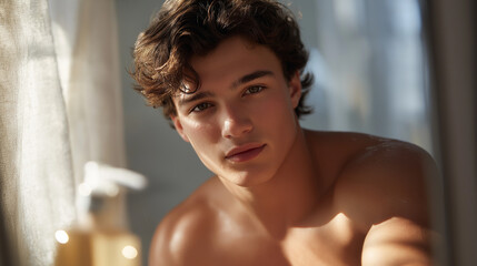 Young man using cleanser in bright bathroom with mirror and spout