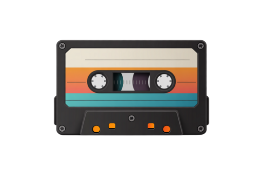 Retro cassette tape with colorful stripes and clear plastic casing on white background