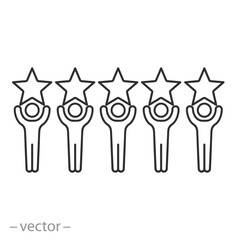 rating five star icon, people holding stars, review rating, best or bad feedback, thin line symbol on white background - editable stroke vector illustration eps10