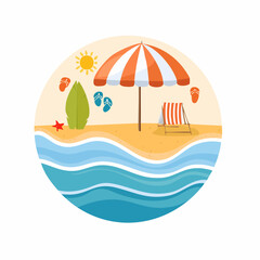 Coastal Serenity: Capture the essence of a perfect summer day at the beach, with a vibrant illustration of an umbrella, a surfboard, and a lounger by the gentle waves. 