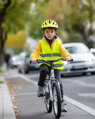 Fototapeta premium Little boy safely riding bicycle along bike lane, wearing yellow safety gear, urban commuting concept