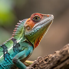 A colorful lizard with textured scales and spines perched on a branch