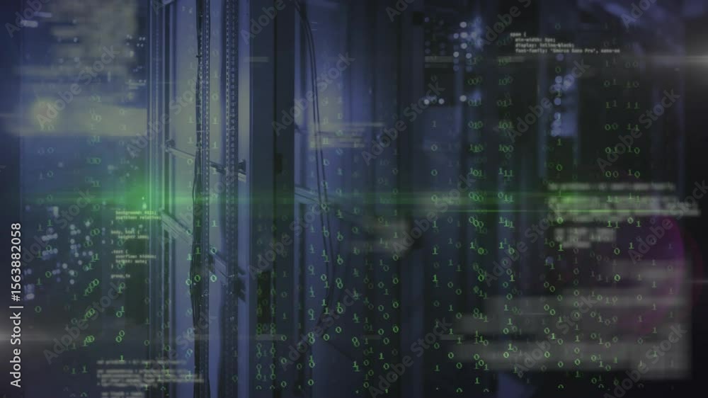 Poster on start server rack layering green binary cascading then lens flare sweeping, white code drifting