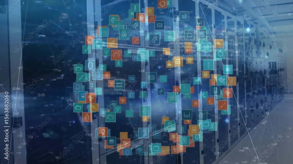 Poster wireframe sphere appearing in server corridor, forming icon tiles, pulsing lines, sending data