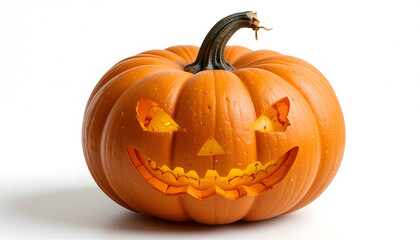An orange jack-o'-lantern glows with its carved face, showcasing Halloween spirit on a clean, bright backdrop, perfect for holiday themes.