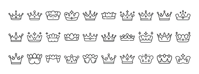Crowns, royalty, king and queen – thin line web icon set. Outline icons collection. Simple vector illustration.