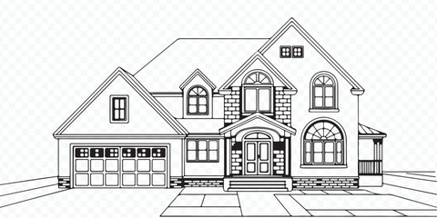 modern house front elevation vector drawing showcasing suburban two-story home garage porch balcony line art