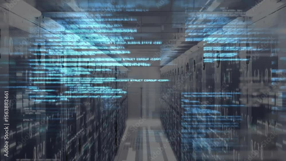 Poster translucent blue code streams drifting across server aisle on startup to visualize data flow