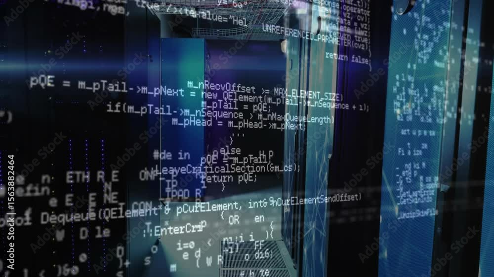 Poster on start code overlay floating above rack aisle scrolling code then fading showing startup process