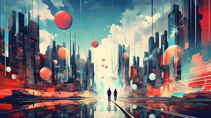 vibrant digital collage combining vintage photography and futuristic cityscape with abstract shapes.