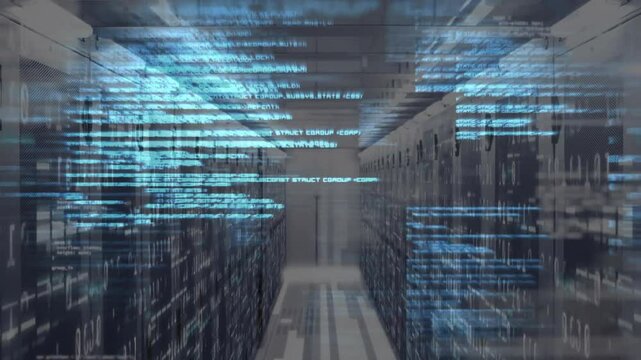 Translucent blue code streams drifting across server aisle on startup to visualize data flow