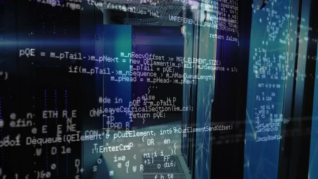 on start code overlay floating above rack aisle scrolling code then fading showing startup process
