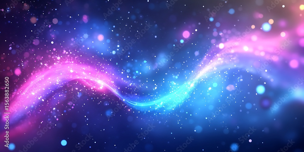 Poster abstract digital background with glowing pink and blue particles and lines of light trails and bokeh